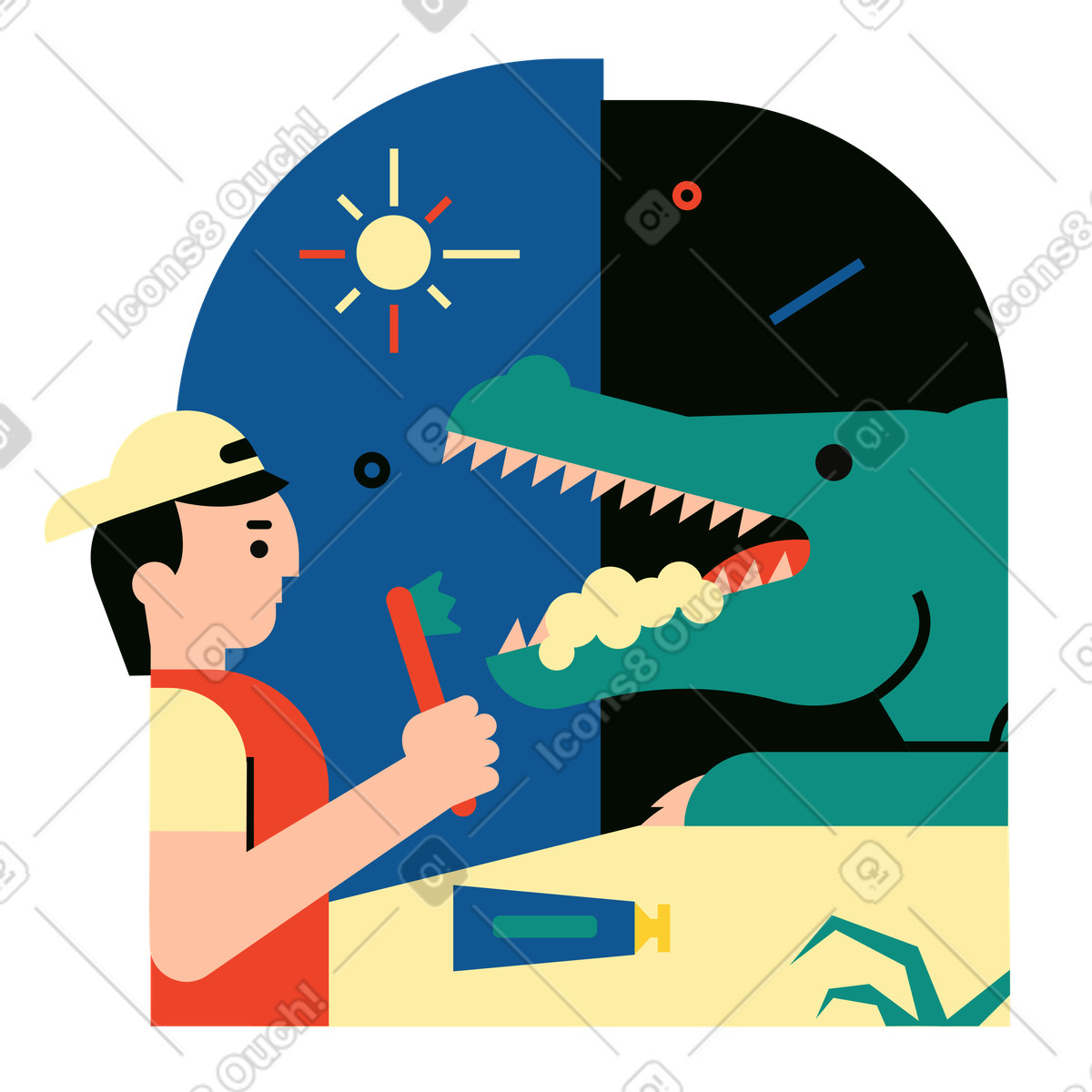 Animal caretaker brushing crocodile's teeth illustration in Polar style download in PNG, SVG