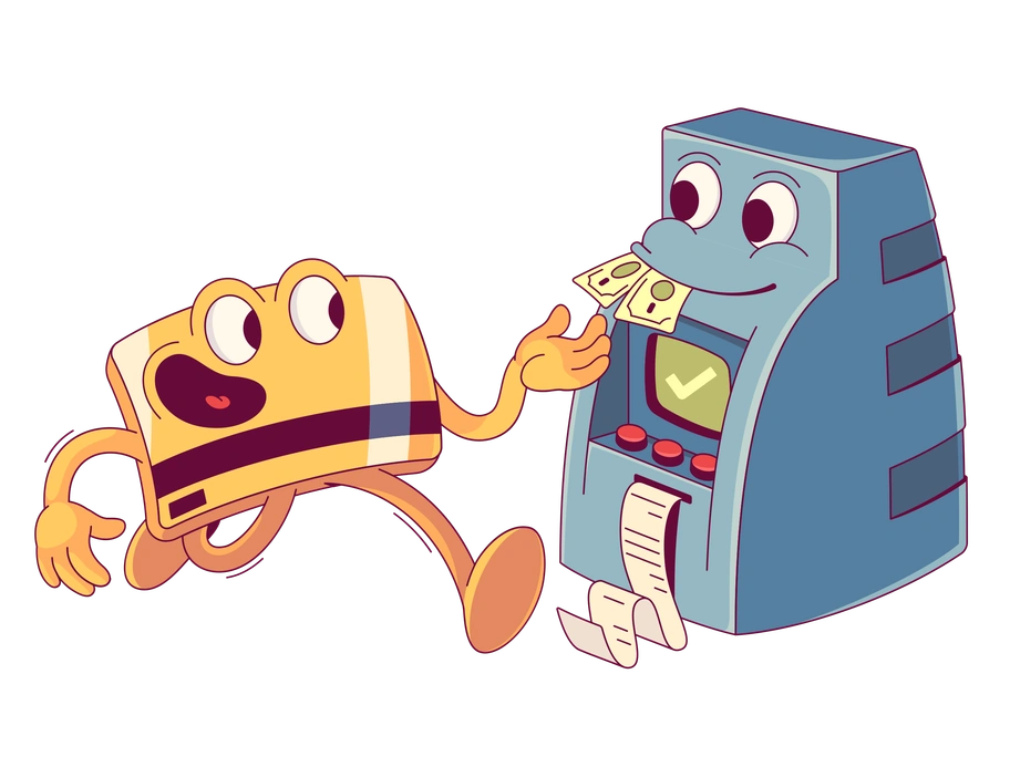 A cartoon credit card interacting with an ATM - Handy style illustration
