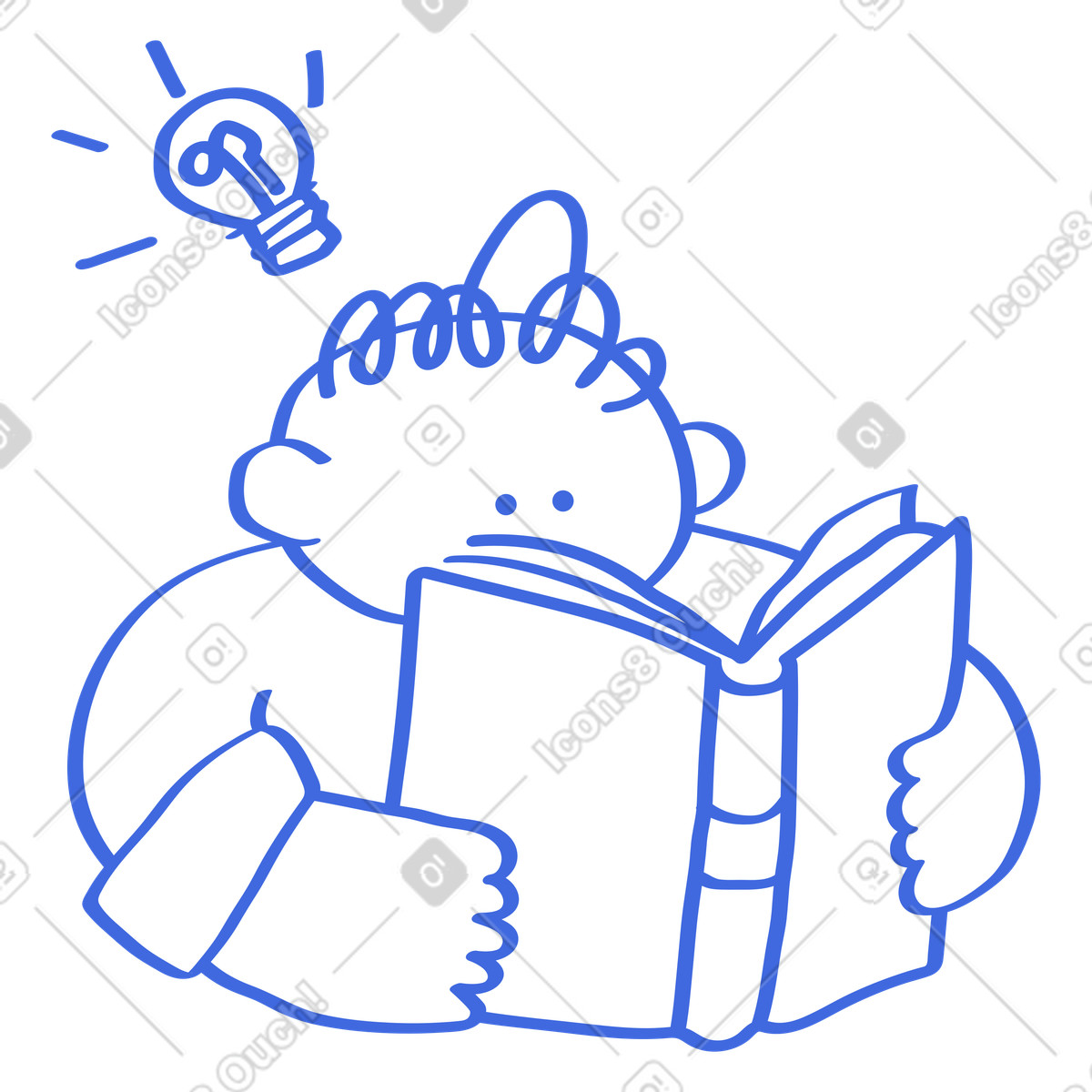 Book reading character with lightbulb idea symbolizing learning inspiration illustrazione in stile Ballpoint Pen scarica in PNG, SVG