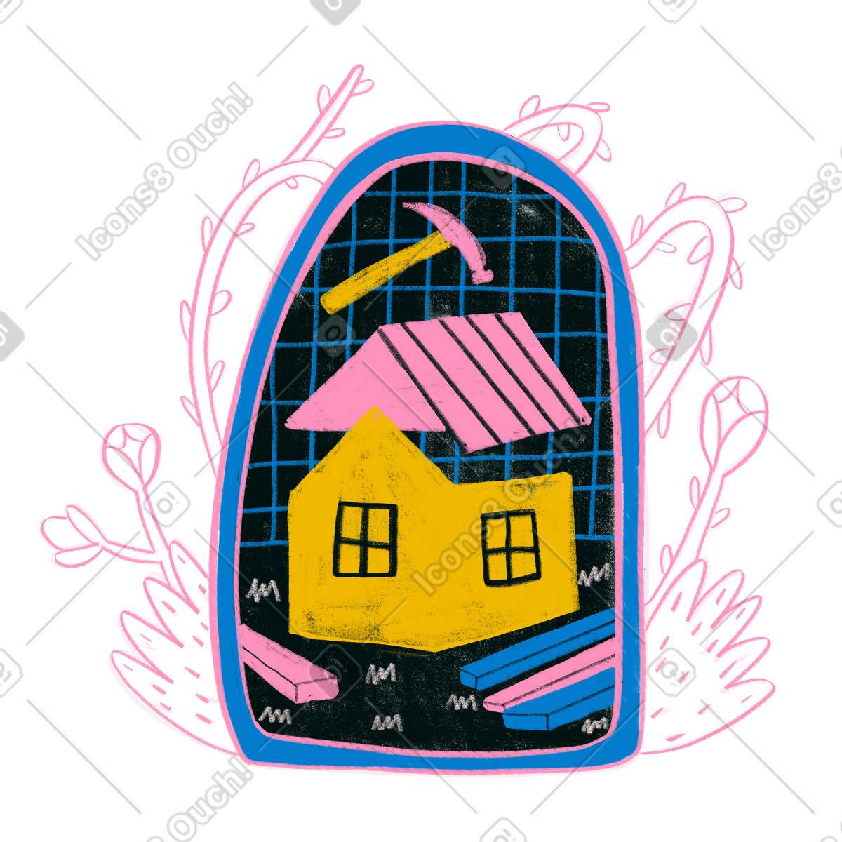 Building a house in frame with flowers illustration Experimental style download PNG, SVG