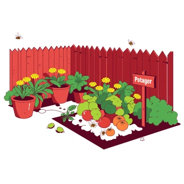 A red wooden fence stands tall, enclosing a vibrant potager garden. The garden is filled with an array of colorful plants, including bright yellow flowers and lush green herbs. A path made of smooth stones winds through the garden, leading to a small wooden sign that reads "Potager." In one corner, there are several large pots with orange tomatoes ripening under the sun, while bees buzz around the colorful blossoms, adding life to the scene.