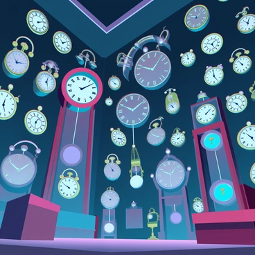 A spacious room filled with an array of antique clocks, each one uniquely designed and prominently displayed. The clocks are made of brass and wood, featuring ornate details and glass faces. Each clock is stopped at a different time, creating a sense of disarray. The walls of the room are lined with shelves that hold various other timepieces, creating a gallery of halted time. The lighting is dim, casting long shadows that accentuate the intricate craftsmanship of the clocks. In the center of the room, an old grandfather clock stands tall, its pendulum motionless, contributing to the ominous atmosphere.