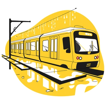 A metro train is passing through a station, gliding along the tracks. The train has a sleek design, and its exterior reflects light from the surrounding area. The pavement is wet from recent rain, creating a glossy surface that mirrors the train and the environment. Puddles form along the edges of the pavement, capturing the reflection of the train and nearby station lights. Raindrops are still falling, creating small splashes on the surface. The scene conveys a sense of motion and atmosphere, with the vibrant reflections adding depth to the image.
