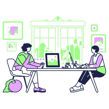 An artist and a client are seated at a large table in a spacious studio. The artist has wavy hair and is wearing a colorful shirt. The client has short hair and is dressed in a casual outfit. They are both intently reviewing digital illustrations displayed on a large tablet positioned between them. The tablet screen shows vibrant artwork. Around them, the studio is filled with natural light streaming through large windows, illuminating art supplies and sketches scattered on the table and walls adorned with various artworks. A comfortable chair is placed in the corner of the room, adding to the inviting atmosphere.