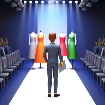 A fashion designer standing on a runway, admiring a completed clothing collection. The designer is wearing a stylish outfit, with a clipboard in hand, surveying the elegant garments displayed on mannequins. Bright runway lights illuminate the collection, highlighting intricate details of the fabrics and designs. The runway is lined with rows of empty seats, preparing for an audience. The atmosphere is filled with anticipation and creativity, capturing the essence of fashion innovation.