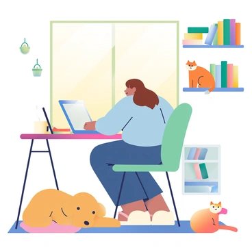 An employee with medium skin is sitting at a desk in a cozy home office. She has shoulder-length brown hair and is wearing a light blue sweatshirt. There are two pets nearby: a fluffy golden retriever lying on a soft rug and an orange tabby cat perched on the desk next to a laptop. Warm sunlight streams through a window, casting gentle shadows in the room. The walls are adorned with hanging plants, and there is a bookshelf filled with colorful books to one side. A steaming mug of coffee sits on the desk, alongside a notepad and a pen. The atmosphere is inviting and well-lit with a touch of warmth.