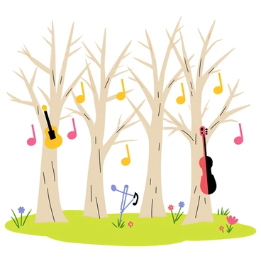 Trees shaped like musical instruments, with notes hanging from branches