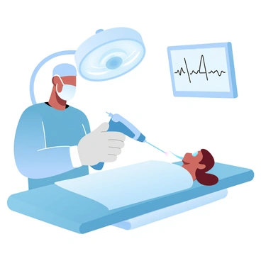 A surgeon is focused on a patient lying on an operating table in a sterile environment. The surgeon is wearing a surgical gown, gloves, and a surgical cap. In one hand, the surgeon holds a precise laser tool, which emits a fine beam of light directed towards the patient's eye. The operating room is equipped with advanced medical instruments and bright overhead lights illuminating the scene. A monitor displaying vital signs is visible in the background, highlighting the high-tech nature of the procedure.