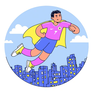 A superhero resembling Cristiano Ronaldo is soaring through the sky above a cityscape. The superhero is wearing a vibrant soccer jersey and a flowing cape that billows behind him. His facial features are sharp and stylized with large expressive eyes. The vast city below is filled with tall buildings and bright lights, creating a dynamic urban backdrop. The superhero's pose is heroic, with one fist extended forward as he glides through the clouds.