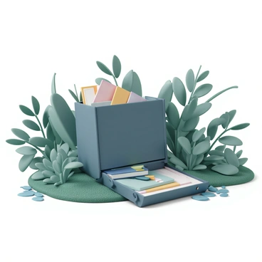 A cartable with a sleek design in a dark blue color, resting on a patch of rich green grass. The cartable is slightly open, revealing a neat arrangement of colorful notebooks and stationery inside. Surrounding the cartable are vibrant, lush green plants with various shades of leaves, creating a dense and inviting setting. In the background, a gently flowing brook can be seen, with clear water glistening in the sunlight. Small pebbles line the bank of the brook, and the sound of the babbling water adds a tranquil ambiance to the scene.