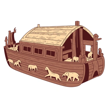 A close-up view of intricate hand-carved wooden details on "Noah's Ark". The carvings depict various animals, such as elephants, lions, and birds, intricately detailed and artistically placed along the sides of the ark. The wood has a rich texture, showcasing the natural grain and knots. The carvings are painted in contrasting colors, highlighting the craftsmanship. The image focuses on the patterns and textures of the wood, capturing the artistry of the craftsmanship in stunning detail.