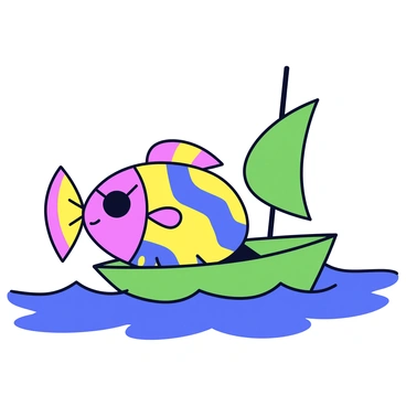 A colorful pirate fish with vibrant scales, wearing a tiny black eyepatch over its eye. The fish has a distinctive hook for a fin, adding to its pirate appearance. It is navigating a small ship made of green seaweed. The ship has a simple sail made from a large leaf. The water around the ship is a deep blue with gentle waves.
