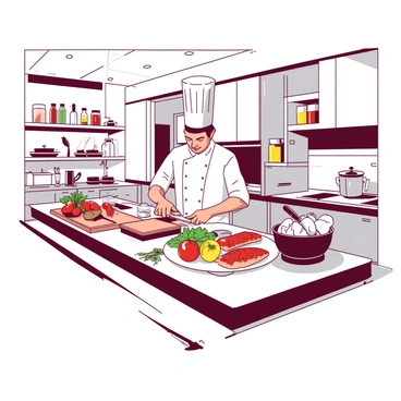 A luxurious yacht galley features sleek stainless steel appliances and polished countertops. In the center, there is a chef, wearing a white uniform and a tall chef's hat, skillfully preparing a gourmet meal. Fresh ingredients, such as vibrant vegetables and cuts of fish, are neatly arranged on the counter. The chef is focused, using a knife to chop herbs with precision. Above, there are bright lights illuminating the space, creating a warm ambiance. The background includes shelves stocked with various spices and cooking utensils, adding to the organized and professional kitchen environment.