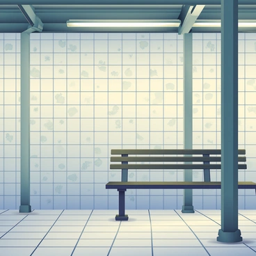 The walls of a vintage metro station are covered with old, weathered tiles in shades of faded blue and cream. The tiles show signs of age, with cracks and chips adding to their character. The floor is also tiled, featuring a similar pattern, with some tiles slightly uneven due to wear over time. In the background, there are steel columns painted in a muted green, providing structural support to the station. Dim, warm light fixtures hang from the ceiling, casting soft shadows across the tiled surfaces. A vintage bench made of dark wood rests against one wall, adding to the nostalgic atmosphere of the space.