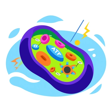 An illustration of a cell designed as a power plant. The exterior of the cell is shaped like a large industrial building, with various sections representing different cellular functions. Inside, "ATP" is visually depicted as glowing energy packets, being generated and distributed throughout the cell. Bright lines connect the "ATP" packets to various parts of the cell, showcasing the flow of energy. There are colorful structures resembling turbines and machinery that symbolize organelles, with labels next to each representing their functions. A vibrant, animated atmosphere surrounds the cell, illustrating it as an active, thriving power source.