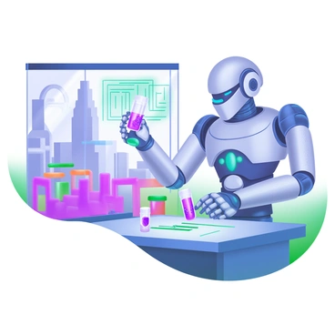 A futuristic robot with sleek metallic arms and glowing blue accents is positioned in a laboratory. The robot is carefully analyzing blood samples contained in small, transparent vials, which it holds delicately. Surrounding the robot are advanced scientific instruments, such as a holographic display projecting data, and a series of illuminated control panels. The background features abstract, high-tech machinery and glass walls, giving a view of a vibrant, digitally-rendered cityscape outside.