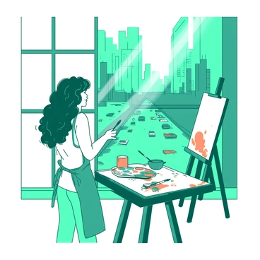 An artist gazing out a window, inspired by the cityscape to create a conceptual piece.