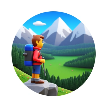 A hiker wearing a bright red jacket and a sturdy backpack is standing at a rocky viewpoint. The hiker has a look of determination on their face as they gaze out over a breathtaking landscape. In the background, there are towering, majestic mountains with snow-capped peaks. Below, lush green valleys stretch out, dotted with patches of colorful wildflowers. The sky above is a deep blue with a few fluffy white clouds. The scene captures the essence of adventure and exploration.