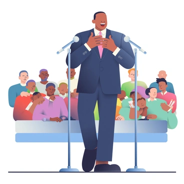 Malcolm X is standing confidently on a stage, passionately engaging in a heated public debate. He is wearing a sharp, dark suit and a crisp white shirt, with a tie that adds a touch of boldness to his appearance. Two microphones are positioned in front of him, capturing his powerful voice as he gestures emphatically with his hands. Behind him, a captivated audience is visible, with a diverse crowd of individuals intently listening, some taking notes. The lighting focuses on Malcolm, creating a dynamic atmosphere that highlights the intensity of the debate.