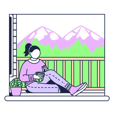 A girl is sitting on a cabin porch, engrossed in crocheting. She has long hair tied back in a ponytail, and she is wearing a comfortable sweater and jeans. In her hands, she holds a crochet hook and a ball of yarn, the yarn resting in her lap. The porch has wooden railing, and there is a potted plant beside her. In the background, a majestic mountain range is visible, with layers of green trees and rocky outcrops under a clear sky. The sunlight casts gentle shadows on the porch, creating an inviting atmosphere.