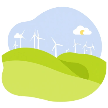 A landscape featuring rolling green hills with smooth, gentle slopes. The hills are dotted with white wind turbines, their blades spinning gracefully in the breeze. Above, a clear blue sky stretches endlessly, with a few fluffy white clouds scattered around. The sun shines brightly, casting soft shadows on the hills, enhancing the vibrant colors of the scenery.