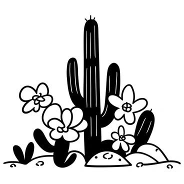 A tall cactus with distinct spines prominently displayed in the center of the image. Surrounding the cactus are various large desert flowers in full bloom, showcasing intricate petal shapes and patterns. The arid landscape is filled with rocky terrain, scattered pebbles, and sparse patches of dry grass, emphasizing the harsh environment. The sky above is clear, illustrating a stark contrast with the dark silhouette of the cactus and flowers.
