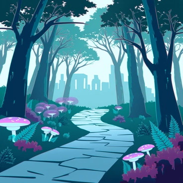 A winding path meanders through a dense forest filled with towering trees that have thick trunks and lush, emerald green leaves. Sunlight filters through the canopy, creating dappled patterns on the ground. The path is flanked by vibrant, luminescent mushrooms and ferns that add to the enchanting atmosphere. In the distance, faint silhouettes of ancient ruins are partially obscured by the foliage, hinting at a forgotten history. A gentle mist hovers close to the ground, enhancing the mystical quality of the scene.