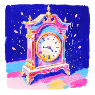 An antique clock sits prominently in the center of the image, its hands stuck at "midnight." The clock features intricate carvings and a glass face that is slightly fogged. Surrounding the clock, dust particles float in the air, catching the light. Cobwebs drape over the edges of the clock, adding to the sense of neglect and age. The background is dimly lit, enhancing the focus on the clock and the details of the dust and cobwebs.