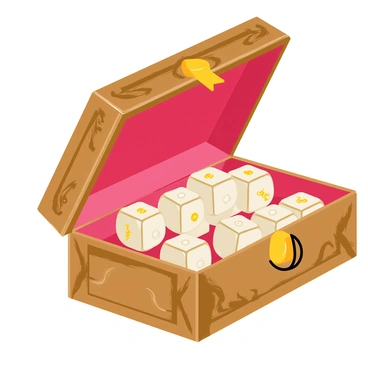 An ornate wooden box with intricate carvings and brass hinges sits open, displaying a collection of antique dice. The dice are made of polished ivory and feature delicate engravings in gold. Each die has numbers clearly visible in an elegant font. The box is lined with deep red velvet, contrasting beautifully with the beige color of the dice. The scene captures the rich textures and details of both the box and the dice within, emphasizing their vintage charm.