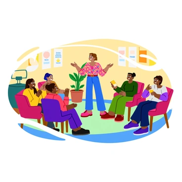 A volunteer stands in the center of a circle, guiding a support group session. The volunteer is a middle-aged woman with short brown hair, wearing a colorful floral blouse and jeans. Around her, diverse group members sit on comfortable chairs, each holding a small notepad. They display a range of emotions, from concentration to empathy. The setting is a cozy room with soft lighting and warm colors, decorated with inspirational posters on the walls. A plant sits in the corner, adding a touch of greenery to the environment, enhancing the feeling of safety and openness. Each participant is listening attentively, contributing to the positive atmosphere of sharing and support.