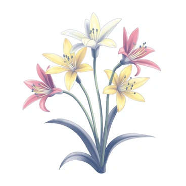 A cluster of spider lilies with intricate, elongated petals and delicate stamens. The flowers are arranged in a gradient pattern, showcasing a smooth transition from one flower to another. They display various forms of "red", "yellow", and "white". Each flower is distinct, with detailed textures on the petals and subtle variations in size. The stems are slender and green, emerging from the ground. The leaves are long and narrow, framing the flowers and adding to the natural scene.
