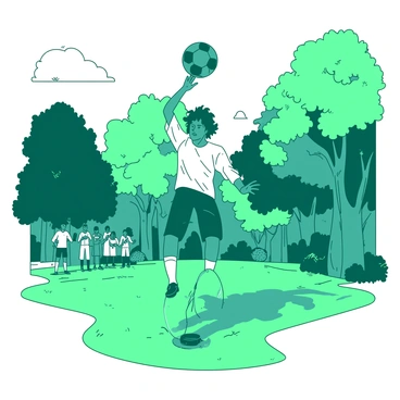 A teal freestyler is showcasing impressive soccer tricks in a vibrant green park. The freestyler is wearing a white jersey and black shorts, skillfully balancing a soccer ball on his head while surrounded by lush trees and a manicured lawn. Nearby, there are spectators watching, some of whom are clapping and cheering. The sunlight is filtering through the leaves, casting dappled shadows on the ground as the freestyler prepares to perform another trick.