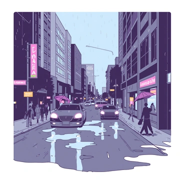 A city street under a grey sky, with rain falling steadily, creating a serene atmosphere. Puddles form on the wet pavement, capturing reflections of nearby neon signs and streetlights, which glow vibrantly. The buildings lining the street are tall and modern, their glass facades shimmering with the moisture. A few umbrellas can be seen, with pedestrians hurrying along the sidewalk, while cars drive slowly, their headlights illuminating the rain-soaked road. The scene conveys a dynamic yet tranquil urban moment.