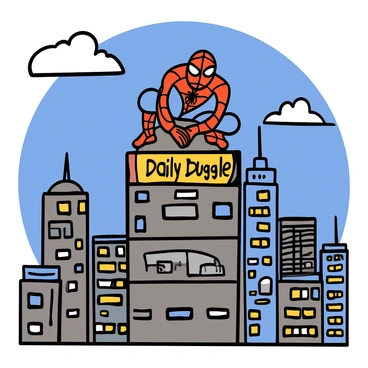 A superhero with a red and blue costume, featuring a web pattern and a spider emblem on the chest, is perched on top of a tall, urban building with the sign "Daily Bugle" prominently displayed. He is in a crouching position, with his hands resting on his knees, looking out over a bustling cityscape filled with tall skyscrapers and busy streets below. The sky is a clear blue with a few fluffy white clouds, and the sun is shining brightly, casting shadows on the building's surface.