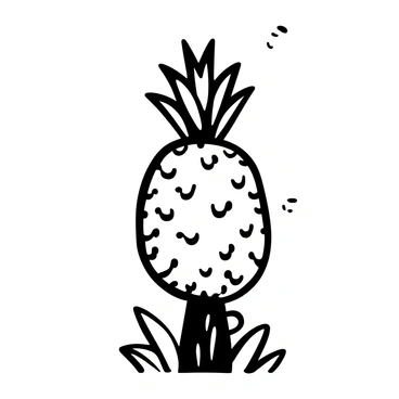 A single pineapple with a textured surface and spiky leaves at the top, still attached to its green vine. The base of the vine has some small leaves and tendrils wrapping around it. The pineapple stands upright, showcasing its distinctive shape and rough exterior. The background features a few indistinct outlines of additional leaves and vines, adding to the natural setting.