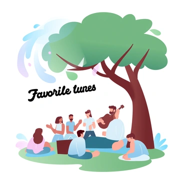 A person is sitting under a large, leafy tree, playing an acoustic guitar. The individual is positioned comfortably on a grassy patch, surrounded by several friends who are sitting on blankets. The friends are engaged and enjoying the music. Sunlight gently filters through the tree branches, creating a dappled light effect on the ground. The scene features various shades of green in the foliage and soft, pastel colors in the sky, suggesting a serene outdoor setting. "Favorite tunes" is delicately written in the air above the group, enhancing the joyful atmosphere.