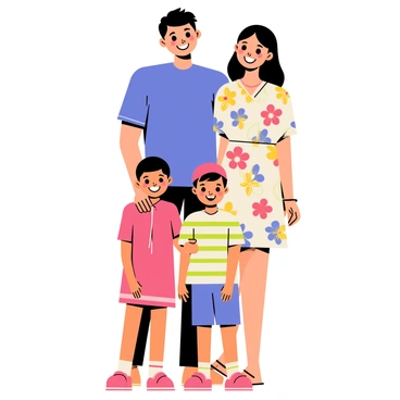 A family of four standing closely together for a cheerful portrait. The parents are smiling, with the father wearing a bright blue t-shirt and the mother in a colorful floral dress. Two children, a boy and a girl, are standing in front of them. The boy is wearing a red cap and a striped shirt, while the girl is dressed in a pink dress with a bow. They are all standing against a simple, vibrant background that enhances the joyful atmosphere of the portrait.