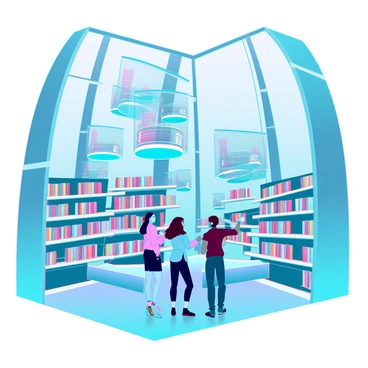 A library with retro-futuristic architecture featuring tall, sweeping curves and large glass windows. Inside, there are various sections defined by angular, metallic shelves. Floating books hover in the air, glowing softly with neon colors, while holographic displays project information above them. The floor is made of polished chrome, reflecting the colorful light from the floating books. In one corner, a group of diverse people is interacting with the holographic displays, pointing at images and text as they discuss.