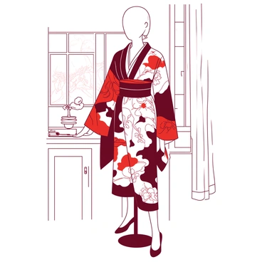 A "fashion piece" is displayed on a mannequin, showcasing a unique blend of "Japanese and Western cultures." The garment features a "kimono-inspired silhouette" with flowing sleeves and a deep neckline. The fabric is adorned with "bold floral patterns in contrasting colors" that evoke traditional Japanese textiles. The waist is cinched with a "wide leather belt," adding a modern Western twist to the design. The outfit is completed with "stiletto heels" that emphasize a contemporary fashion sense. The backdrop consists of "minimalist décor," allowing the fashion piece to stand out as the focal point.