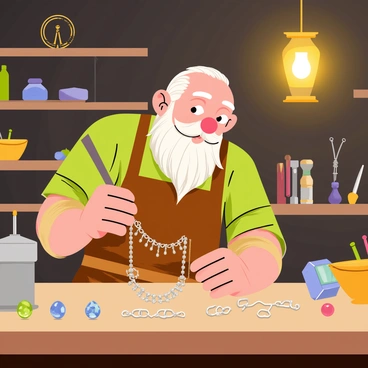 A meticulous dwarf with a braided beard is focused on crafting a sparkling necklace in a jeweler's workshop. The dwarf is wearing a leather apron and holding a small tool in one hand. On the workbench, various gemstones in shades of blue and green are arranged alongside delicate silver chains. The workshop is filled with shelves lined with tools, gemstones, and finished jewelry pieces. A warm glow comes from a lantern hanging above the workbench, illuminating the intricate details of the dwarf's work.