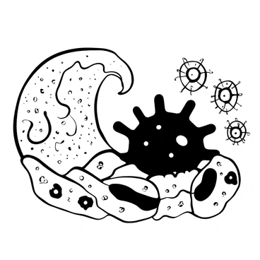 A large wave of antibodies depicted as abstract shapes is crashing against a dark, spiky virus represented in a formidable form. The antibodies appear dynamic and fluid, showcasing a sense of motion as they collide with the virus. The virus is positioned prominently in the center, surrounded by smaller antibodies attempting to encircle it. The background features a textured pattern that suggests a microscopic environment, enhancing the intensity of the confrontation between the antibodies and the virus.