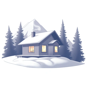 A cozy cabin perched on a snowy mountain with a warm, glowing interior visible through the windows