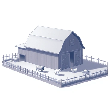 A farm scene featuring a large barn with a traditional gabled roof. The barn is detailed with wooden beams and large sliding doors. In the foreground, there are several animals: a cow grazing on grass, a chicken pecking at the ground, and a sheep resting nearby. The animals appear animated, giving a lively feel to the scene. Surrounding the barn, there are rows of crops, and a wooden fence encloses the area, adding to the rustic charm of the farm. The sky above is clear, emphasizing the bright activity of the farm.