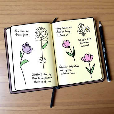 An open journal resting on a wooden table, displaying pages filled with various sketches of flowers. The sketches include detailed illustrations of roses, daisies, and tulips, each accompanied by handwritten notes describing their characteristics. The pages are slightly yellowed, indicating age, and a pencil lies beside the journal, suggesting recent use. The journal has a brown leather cover, with a few corners curled slightly.