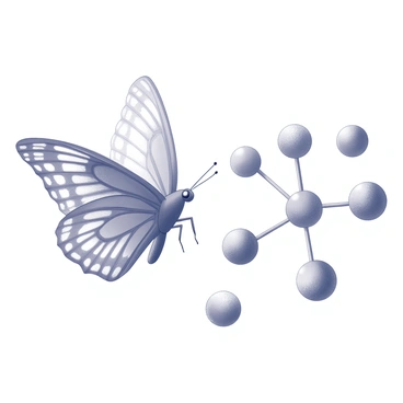 A butterfly with intricately patterned wings is flapping next to a close-up view of water molecules. The water molecules are represented as small spheres connected by visible hydrogen bonds. The butterfly is depicted in a dynamic pose, capturing the motion of its wings. The water molecules appear large in comparison, emphasizing their detailed structure. The overall composition highlights the contrast between the delicate butterfly and the powerful connections of the water molecules.