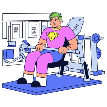 A comic book hero with a muscular physique is using a seated row machine in a gym setting. The hero is wearing a vibrant costume with a bold emblem on the chest. The machine is designed with shiny metal components and adjustable resistance. The hero's focused expression showcases determination as they pull the handles towards their torso. In the background, there are fitness equipment and motivational posters on the walls. The floor is made of dark rubber mats, enhancing the workout atmosphere.