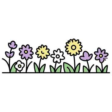 A border filled with various wildflowers, including purple asters, yellow dandelions, and white daisies, each flower distinctly shaped and colored. The wildflowers are arranged in a natural pattern, swaying gently as if moved by a soft breeze. The background is a simple grassy meadow, enhancing the vibrant colors of the flowers. The overall composition is minimalistic, focusing on the delicate details of each flower type.