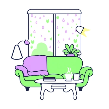 A cozy interior scene depicts a rainy day viewed through a window. The window frames several raindrops sliding down the glass, creating a blurred effect outside. On the windowsill, there is a small potted plant with green leaves. Inside, a soft couch is placed near the window, adorned with a purple blanket draped over one arm. A round coffee table in front of the couch holds a steaming cup, and next to it, a stack of books is neatly arranged. In the background, a warm lamp casts a gentle glow in the room, enhancing the feeling of comfort.