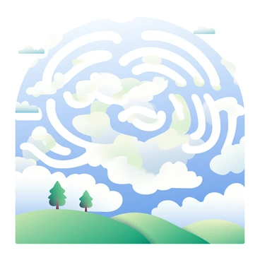 Swirling clouds in the sky are forming intricate patterns that resemble the invisible lines of Earth's magnetic field. The clouds exhibit shades of blue and white, with some areas having a soft, luminous glow. Below, a tranquil landscape of green hills is visible, enhancing the contrast with the dramatic sky above. In the foreground, a small group of trees stands silhouetted against the vibrant cloud formations, creating a sense of depth and scale in the image.