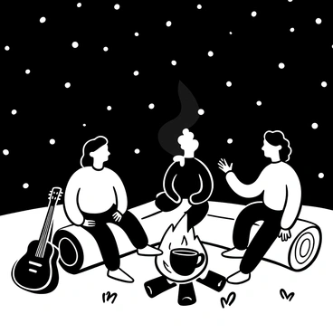 A group of friends sitting on logs around a campfire, with flames flickering and casting shadows. The friends are engaged in storytelling, with hands gesturing expressively. Above them, a clear night sky filled with numerous stars is visible, creating a vast backdrop. The campfire emits smoke that rises into the night air. Various items such as a guitar leaning against a log, and a pot suspended over the fire can be seen. The ground is covered in grass and scattered leaves, adding to the outdoor atmosphere.